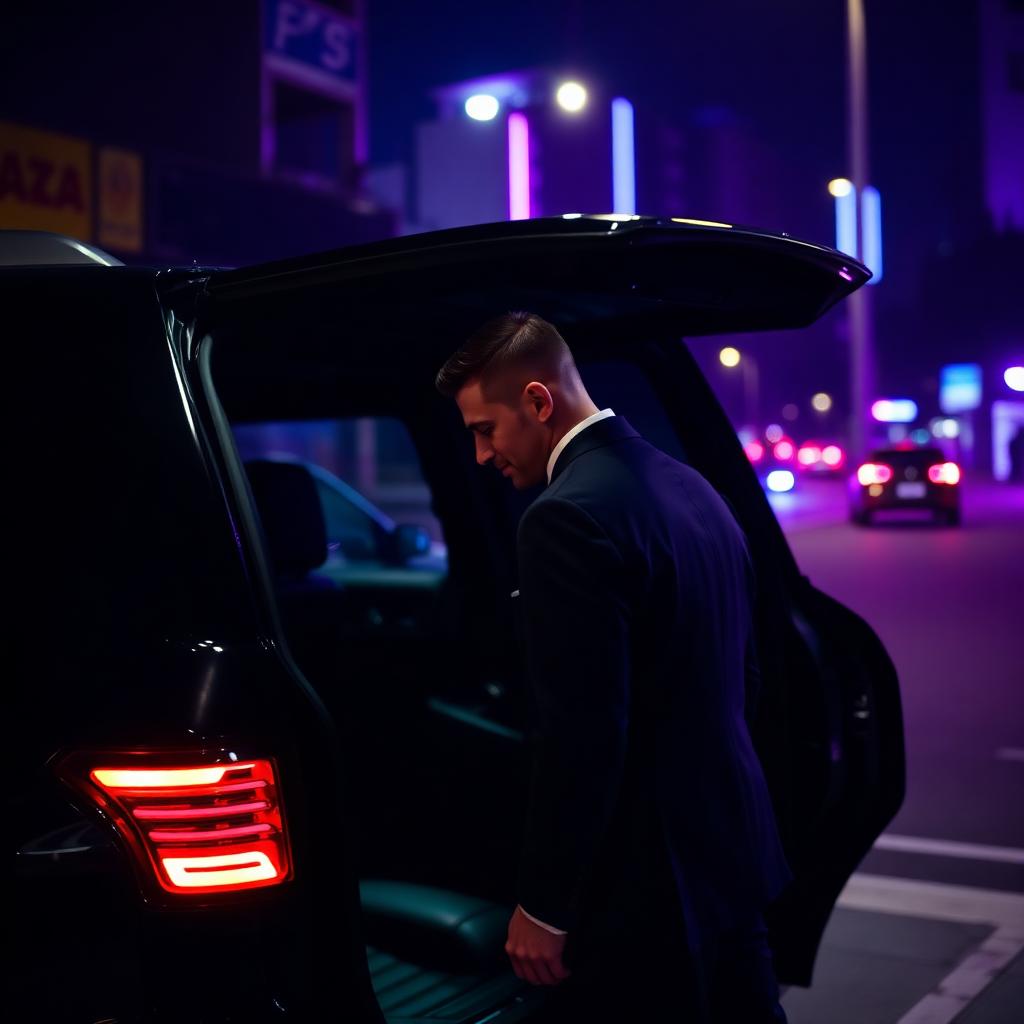 Conductor profesional de Nocturna junto a un vehículo premium de noche